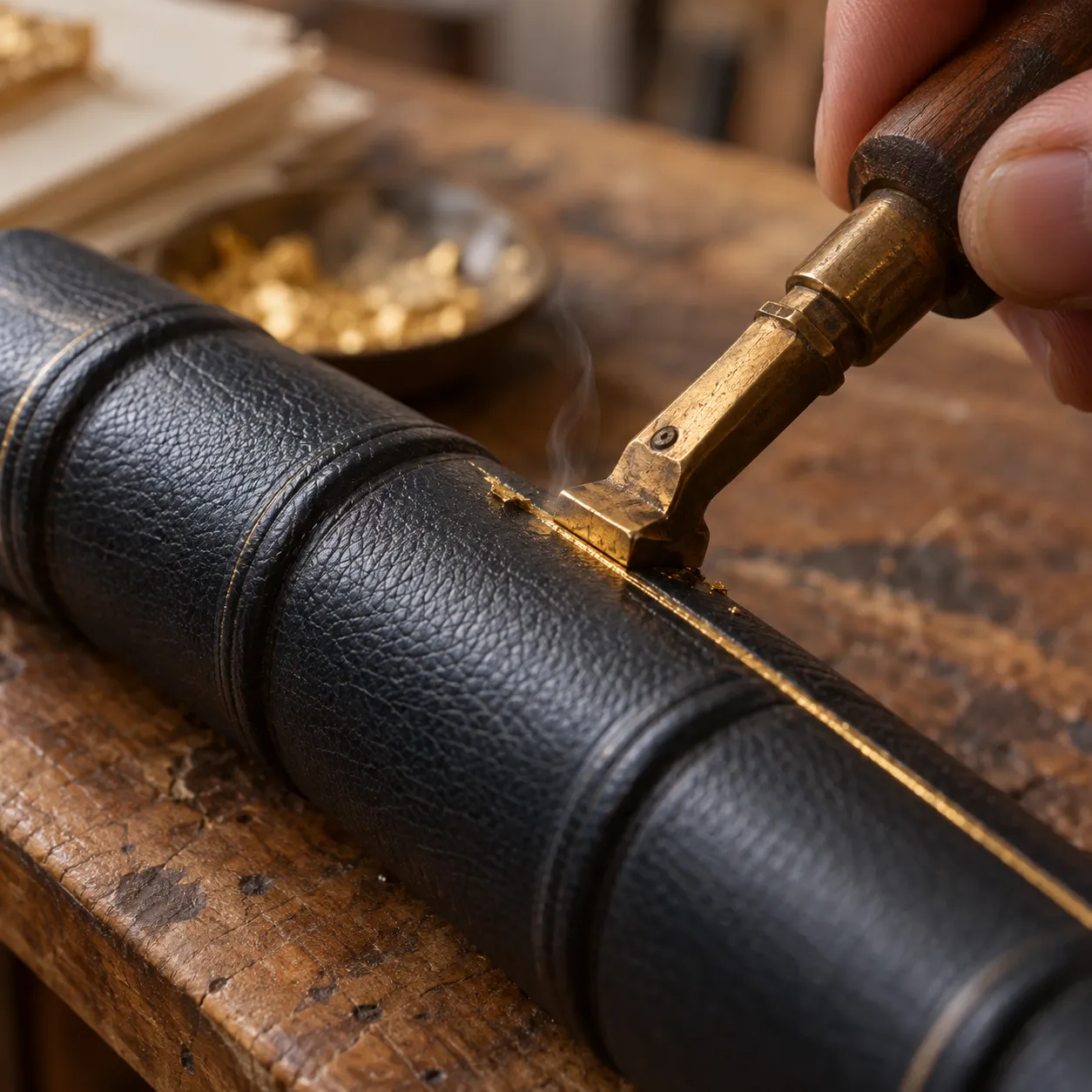 A heated brass tool pressing gold leaf onto a leather spine
