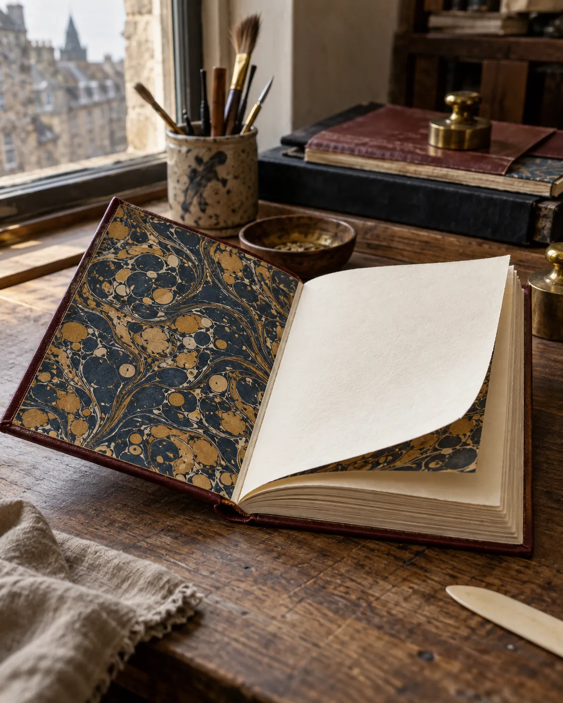 An open wedding album with marbled endpapers in blue and ochre