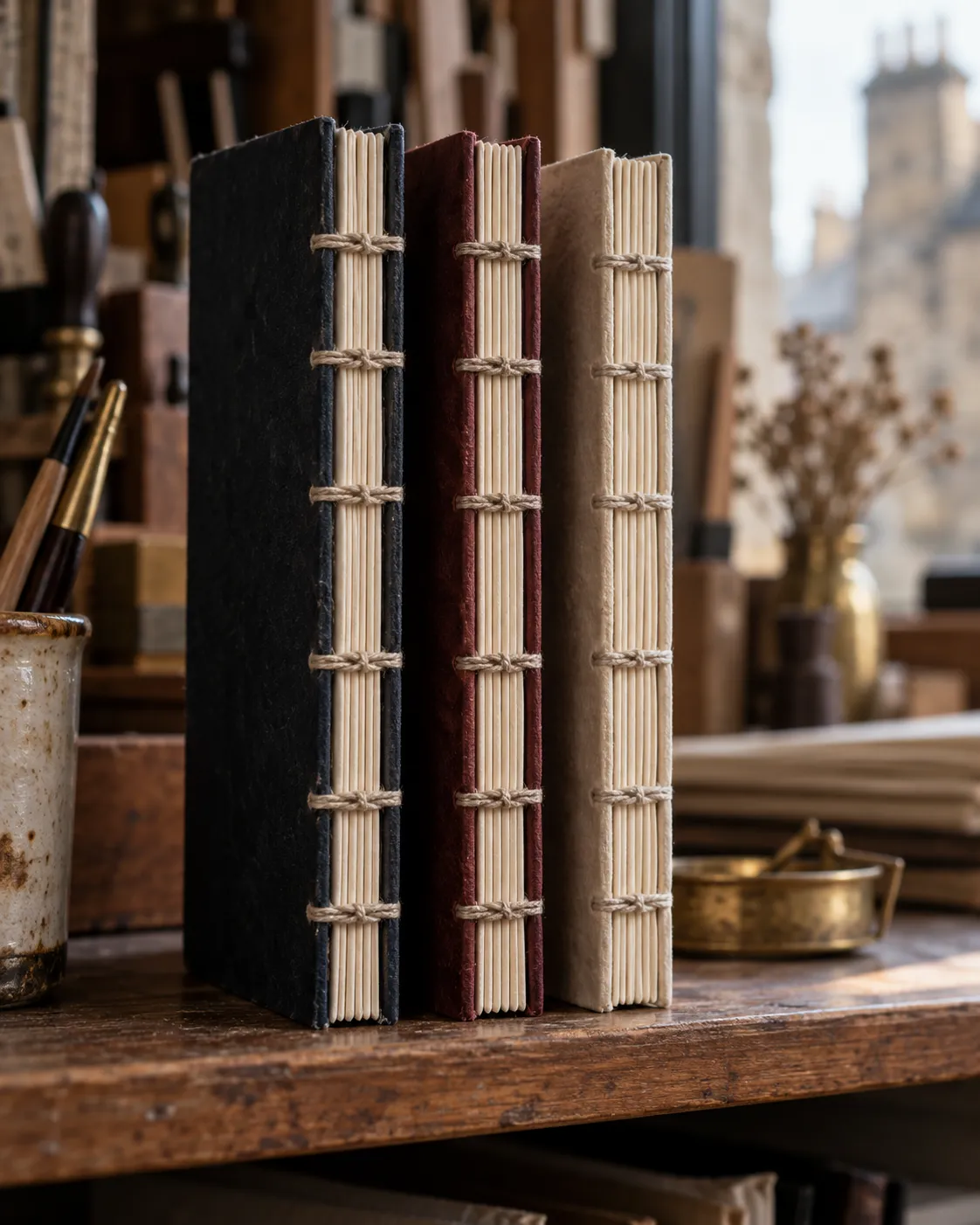 Three slim sketchbooks with exposed coptic stitching
